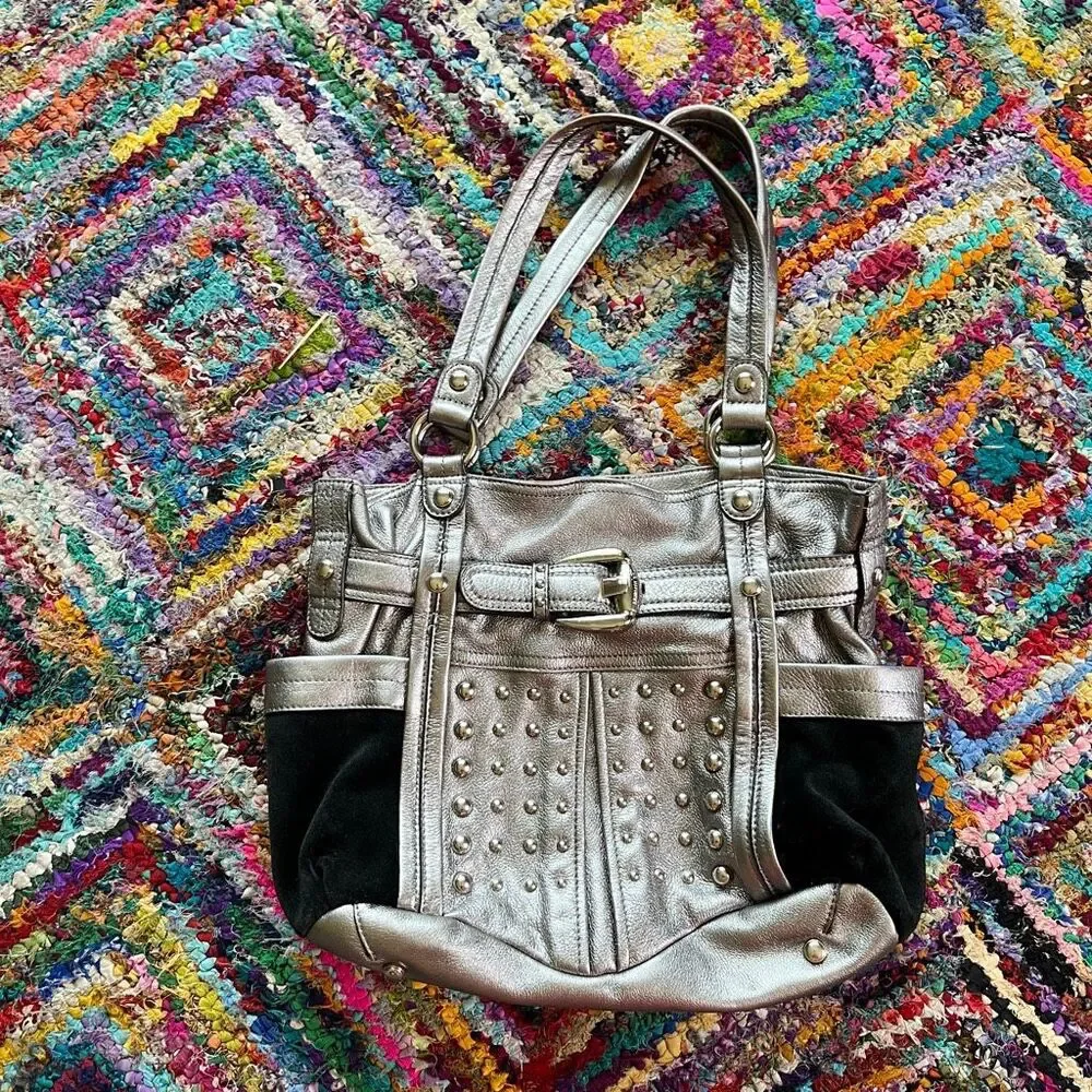 B Makowsky Gunmetal Leather Studded Tote Bag Y2K Moto Boho Shoulder Bag
